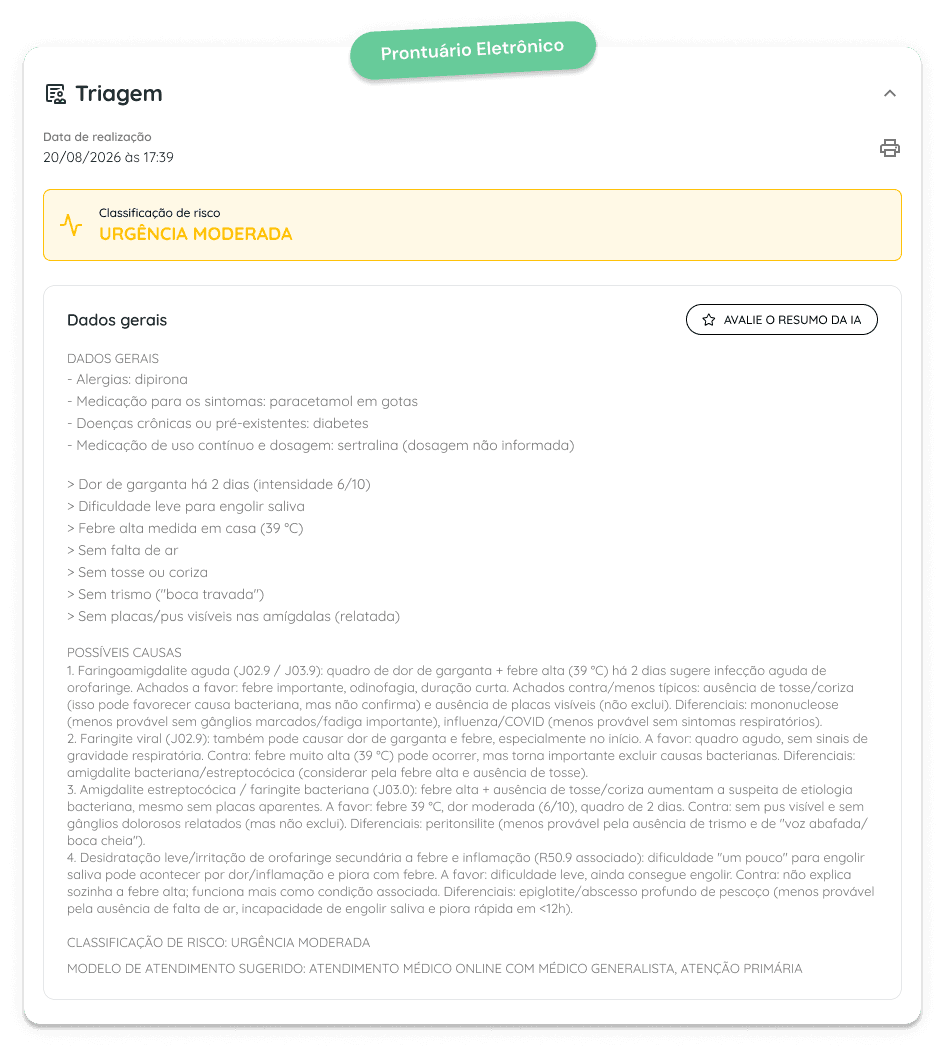 Resumo da triagem gerado pela Karmen IA dentro do prontuário eletrônico, com classificação de risco, dados gerais, possíveis causas e modelo de atendimento sugerido
